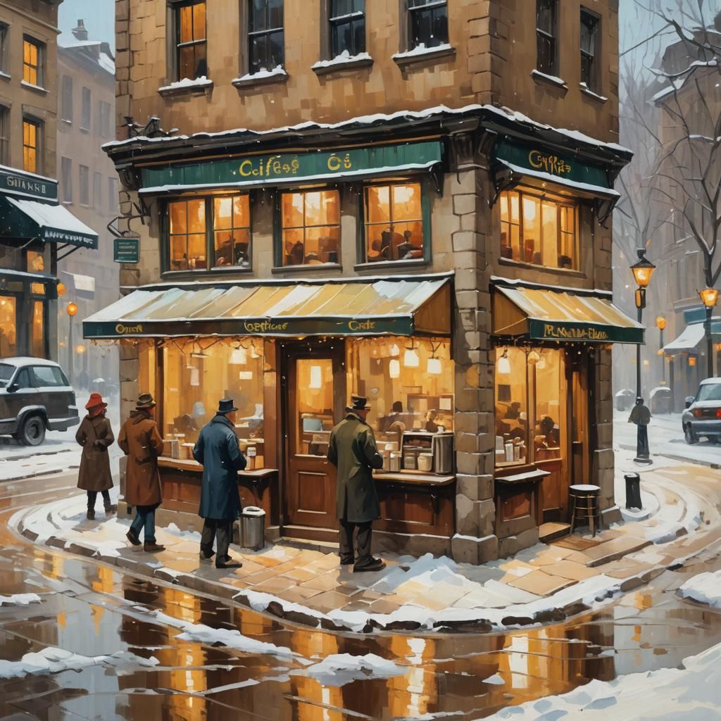 Cozy Coffee Stand on Snowy Street, Impasto Oil Painting