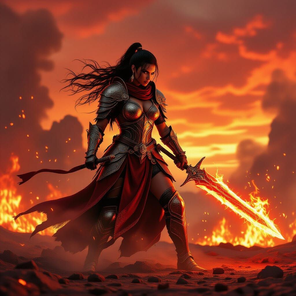 Fiery Warrior Woman with Sword in Epic Fantasy Style