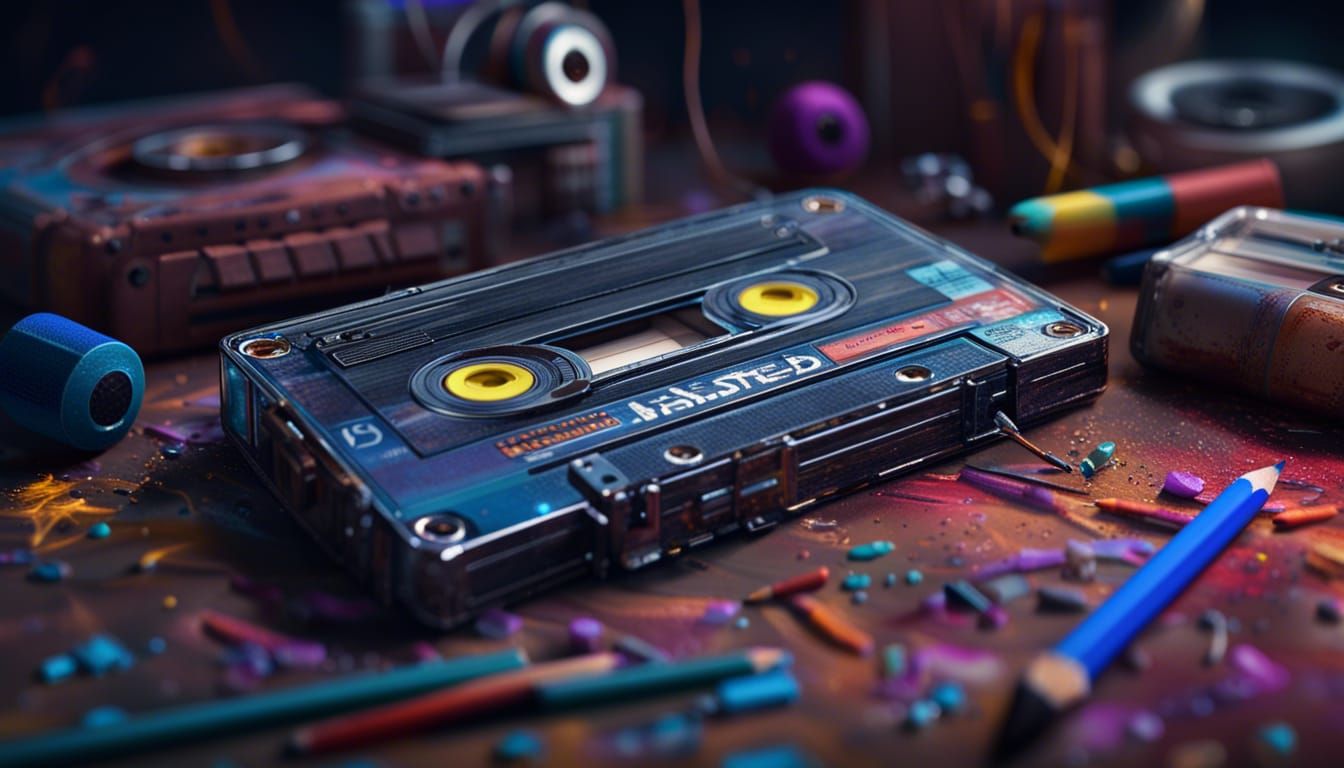 Cassette Tape and Pencil in Detailed Matte Painting