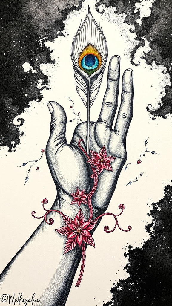 (Hyperrealistic Intricately Tattooed Hand Of God reaching out to draw doodle as an artist with a peacock feather quill p...