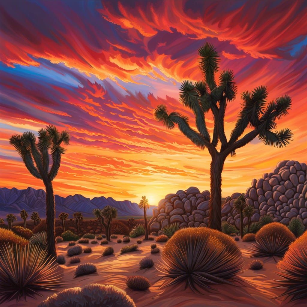 Desert Sunset with Joshua Tree in Hyperrealistic Style