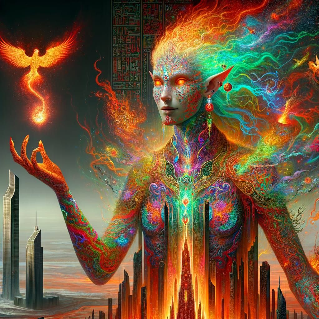 Elven Empress with Luminous Tattoos in Desolate Landscape