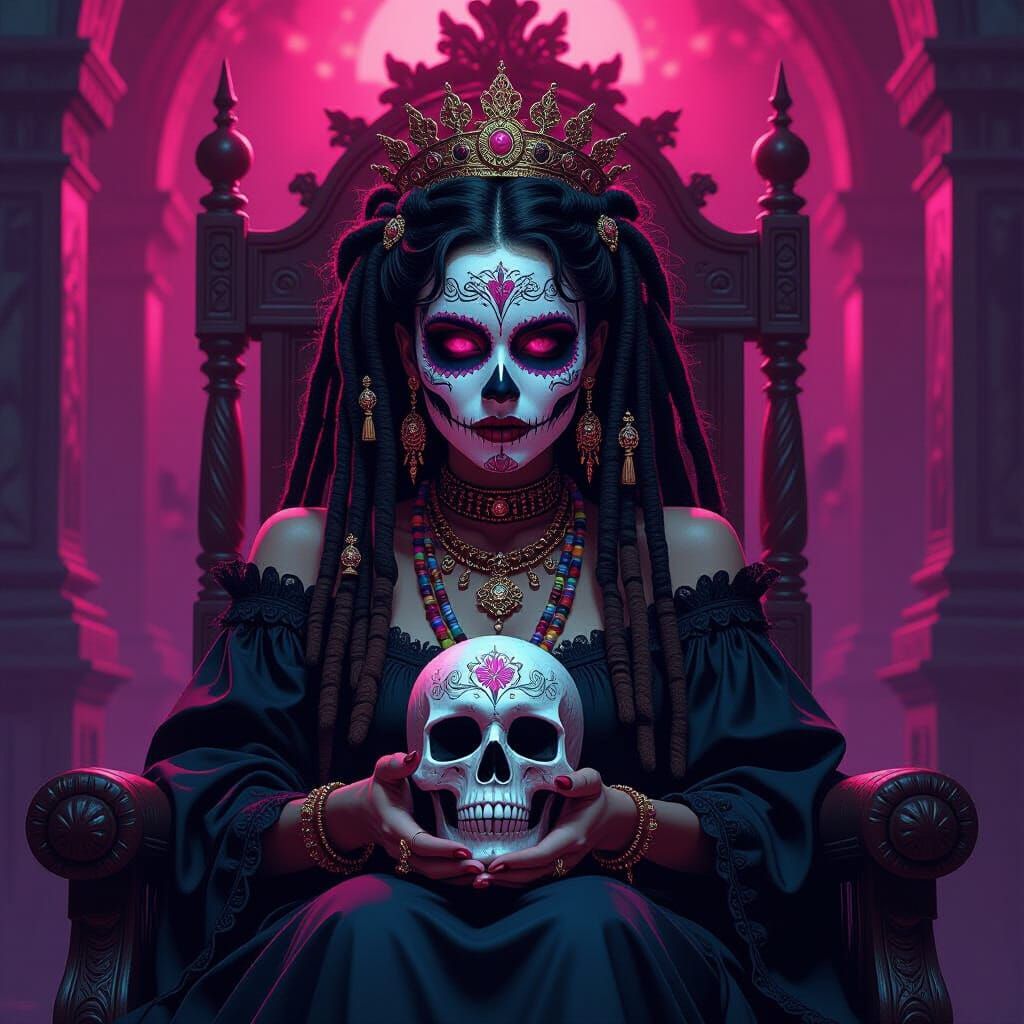 Day of the Dead Queen with Dreadlocks on Throne