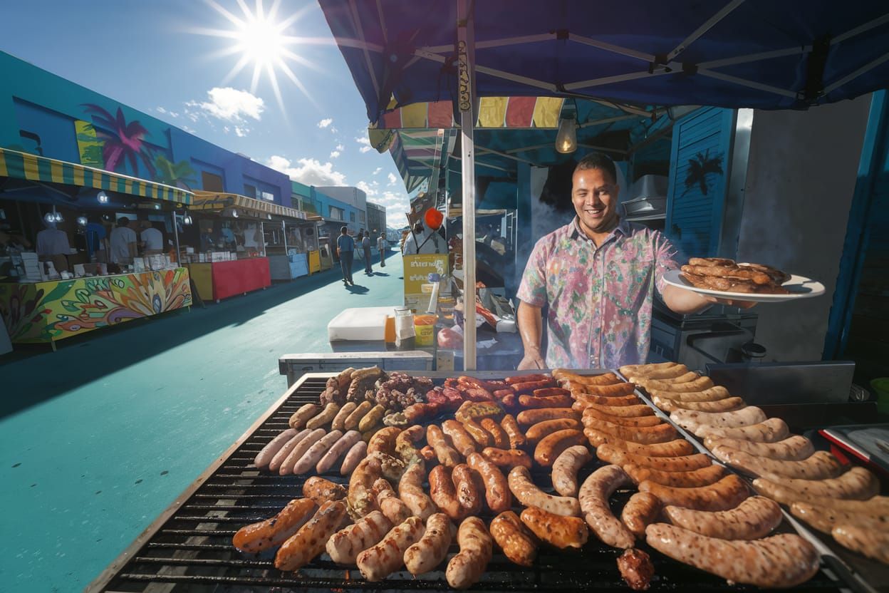 Lively Miami Outdoor Market with Sizzling Sausages