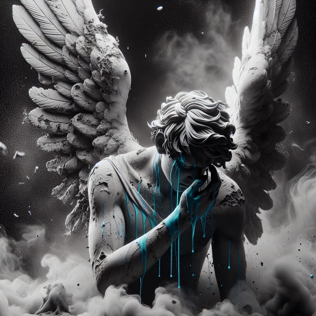 Grieving Angel in Black and White with Blue Tears