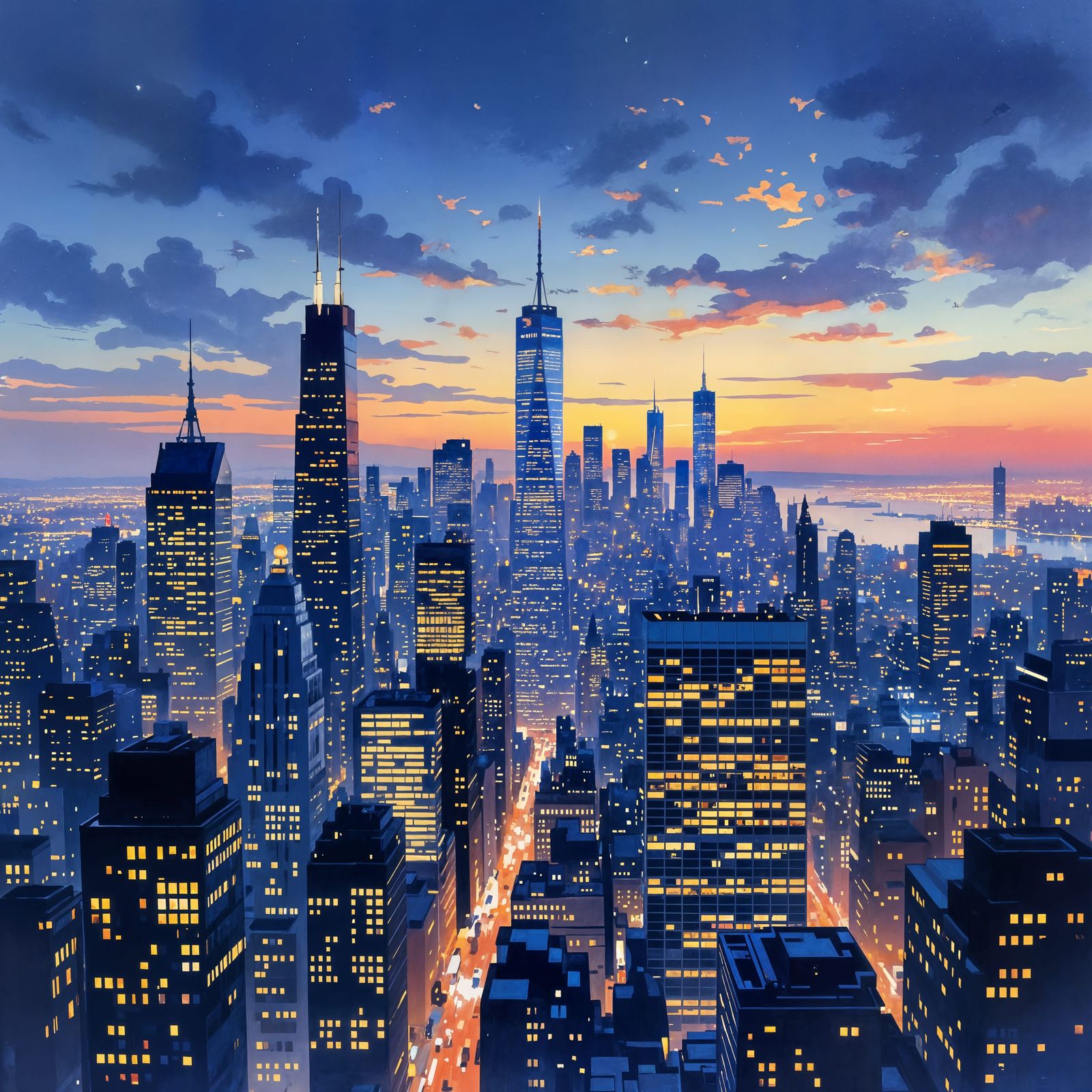 Twilight Cityscape in Impressionist Gouache Style