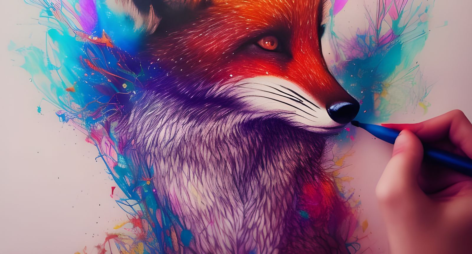 Neon Rainbow Fox Portrait, Digital Art Illustration
