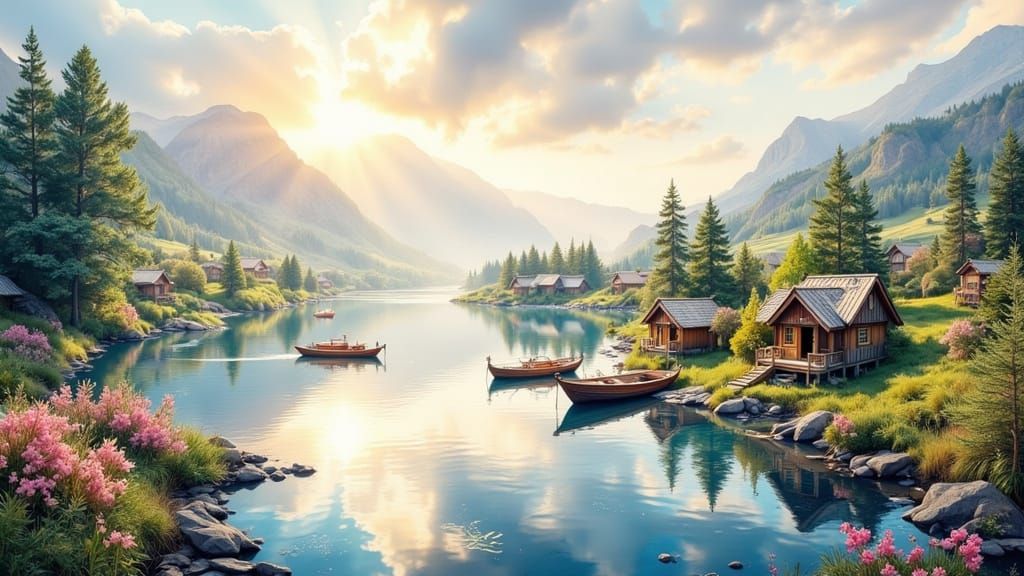 Panoramic Waterways with Cabins and Boats