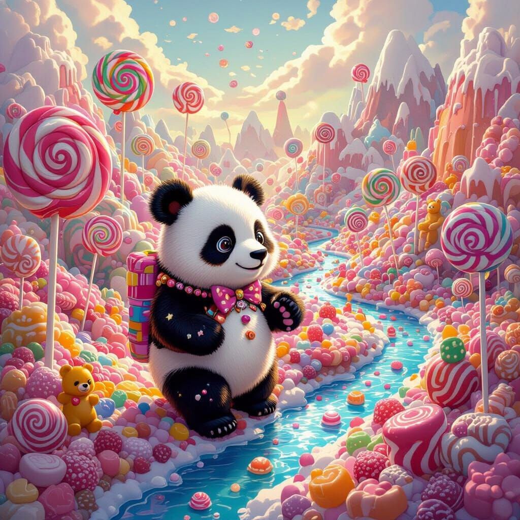 Candy Panda Explores Sweet Wonderland Digital Painting
