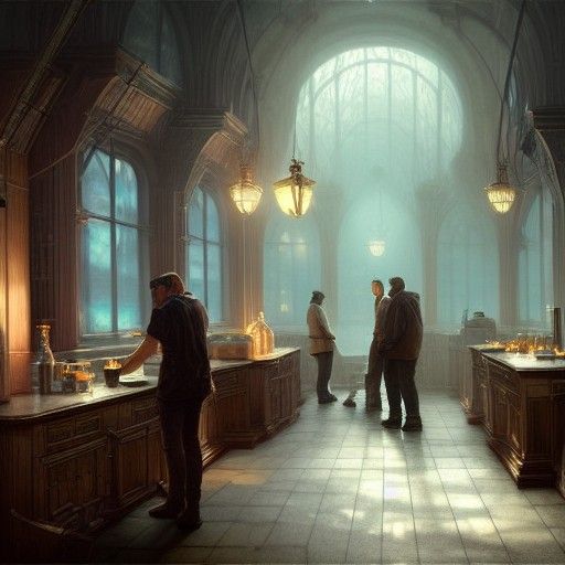 Scientists Discussing in Sinister Laboratory, Ethereal Matte...