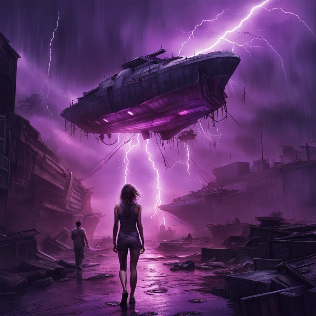 Woman in Cyberpunk Cityscape with Alien Invasion