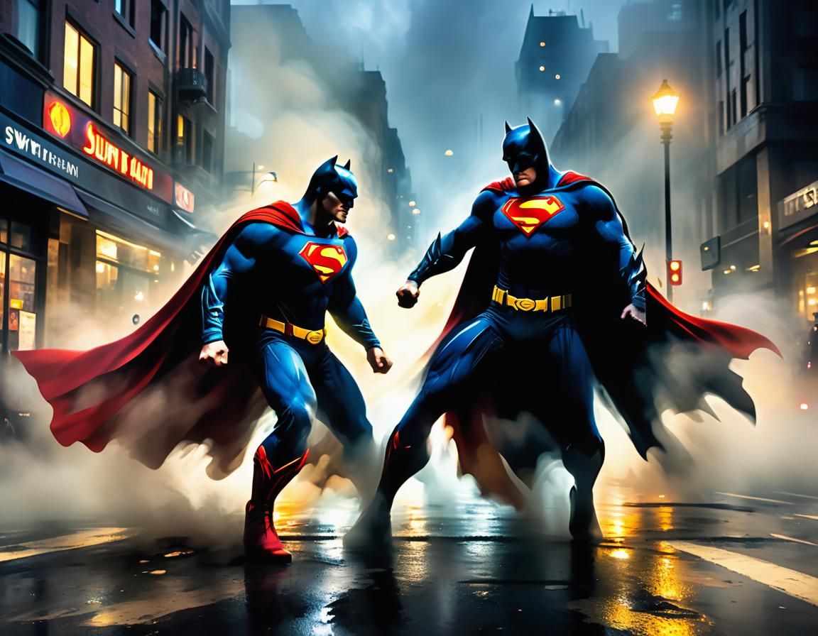 Superman and Batman Fight as Impressionist Painting