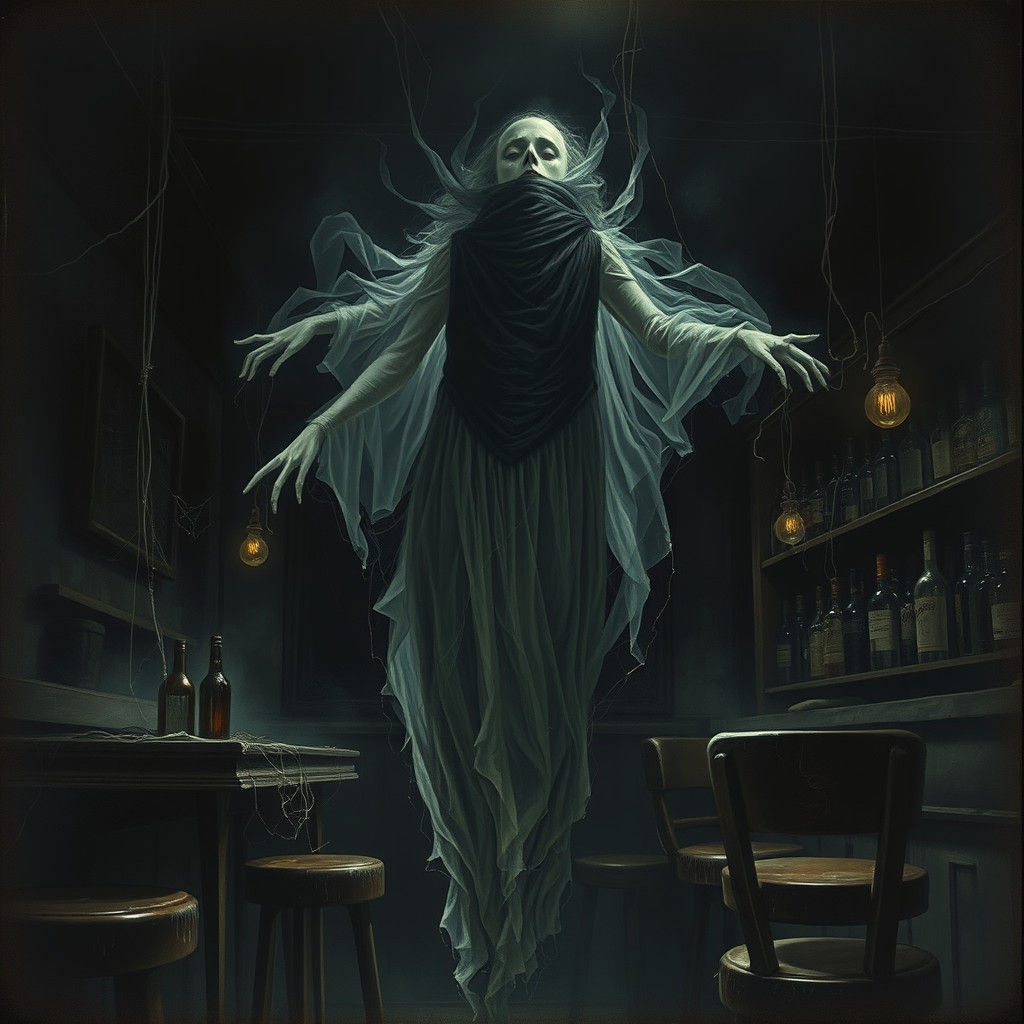 Ethereal Specter Haunts Abandoned Bar in Gothic Style