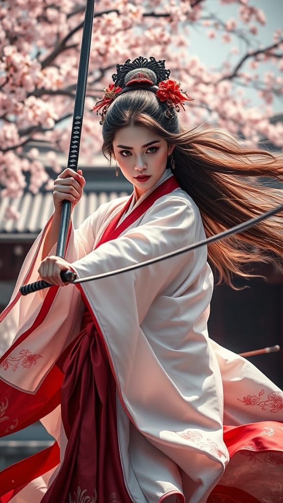 Divine Japanese Goddess Wielding Sword in Shrine Setting