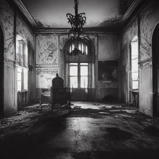 A Lone Figure Stands in an Abandoned Mansion at Dusk