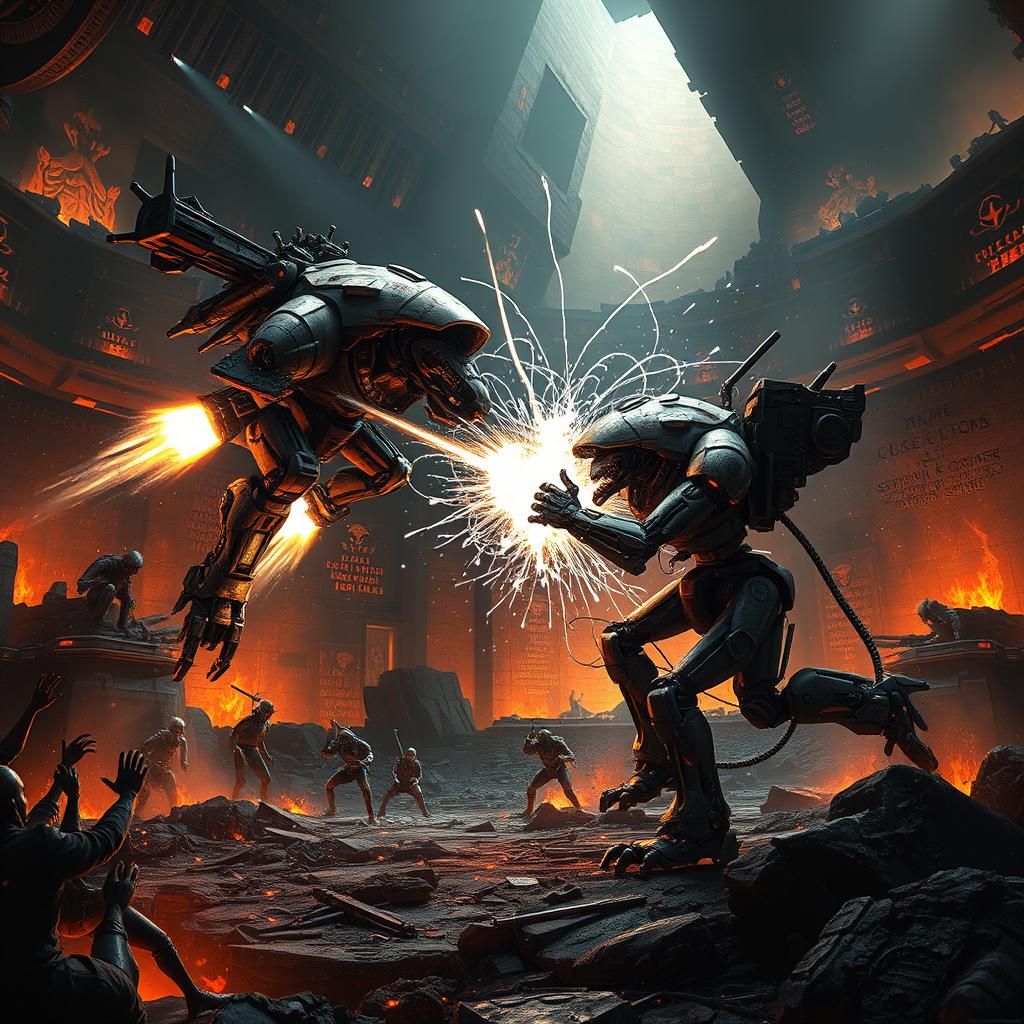 Battle-Mechs Clash in Smoldering Alien Arena