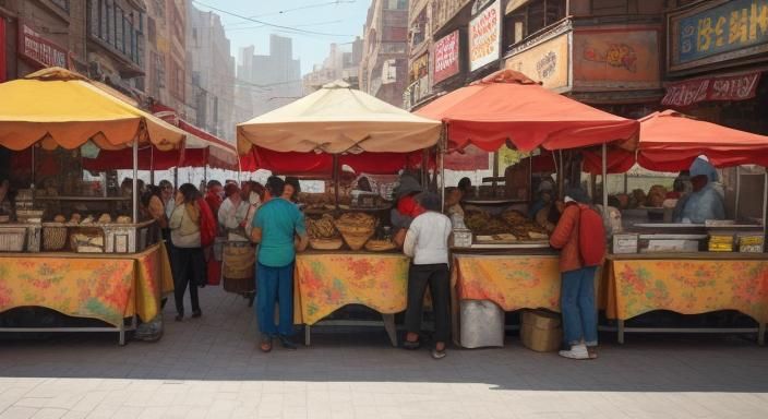 Vibrant Street Food Market as Oil Painting