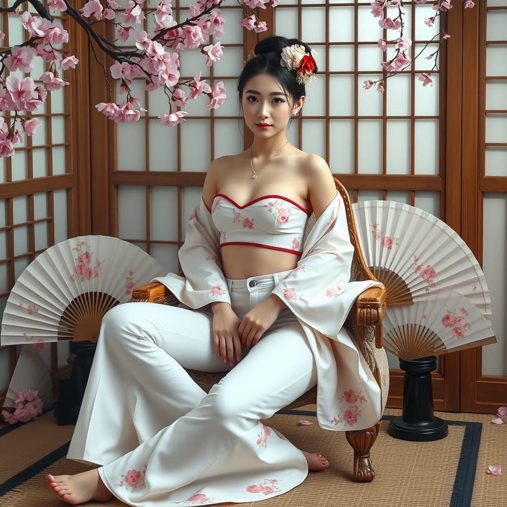 Geisha in Modern Attire with Cherry Blossoms