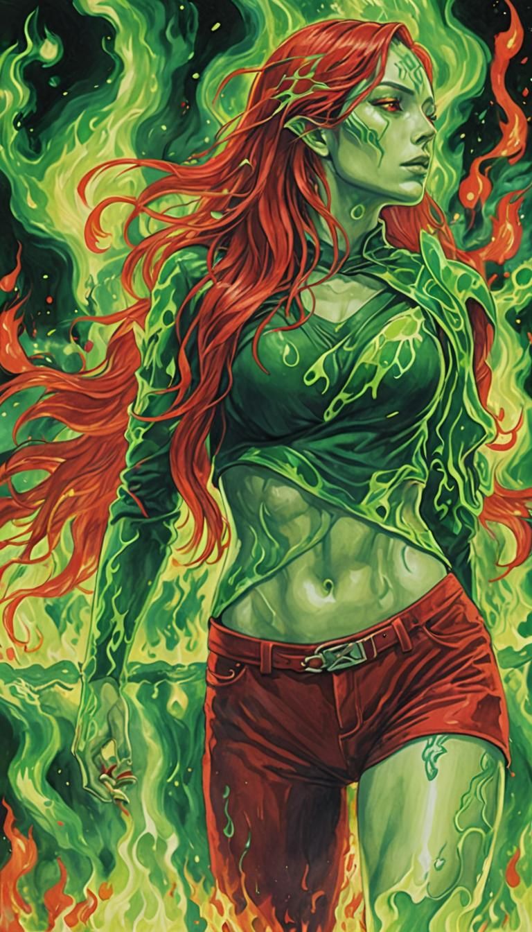 Woman in Red with Green Flames Background