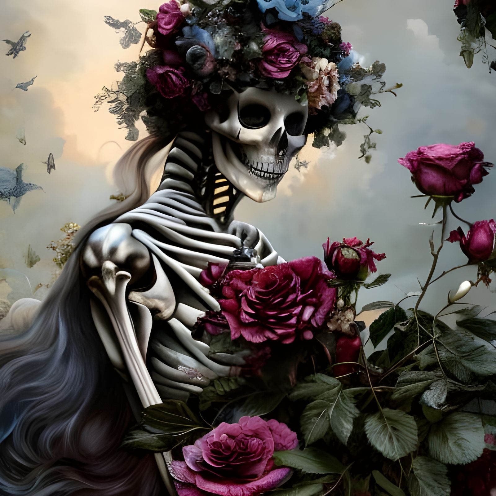 Rococo Skeleton Surrounded by Roses: Hyperdetailed Art