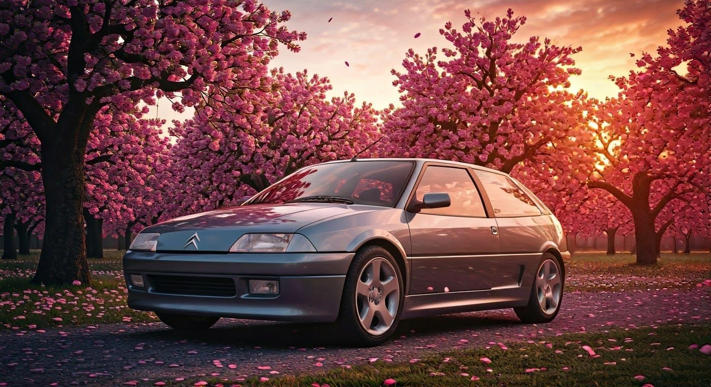 Sleek Futuristic Car Amidst Vibrant Sakura Garden