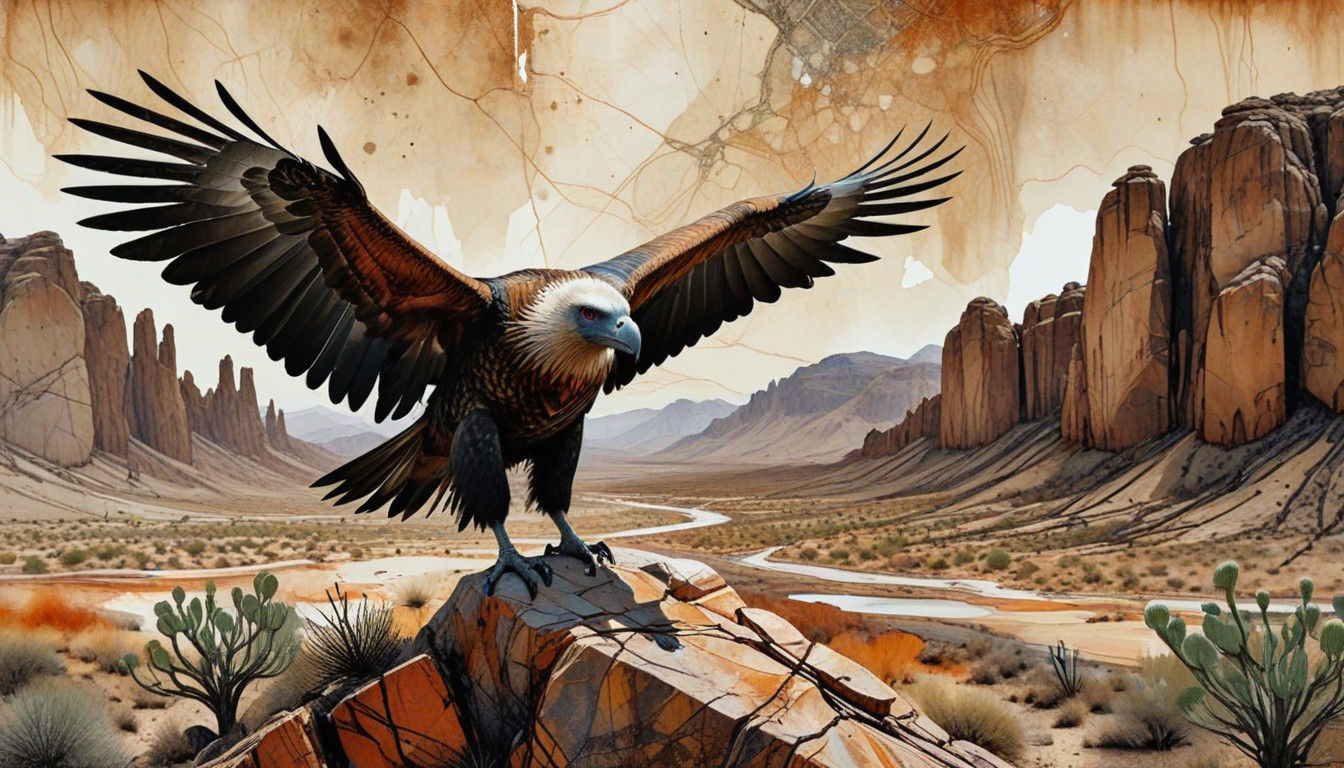 Surreal Desert Vulture Amidst Granite Landscapes in Earthy T...