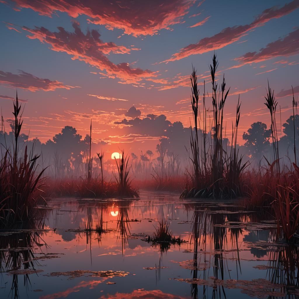 Fiery Dusk Swamps in Holographic Astral Style