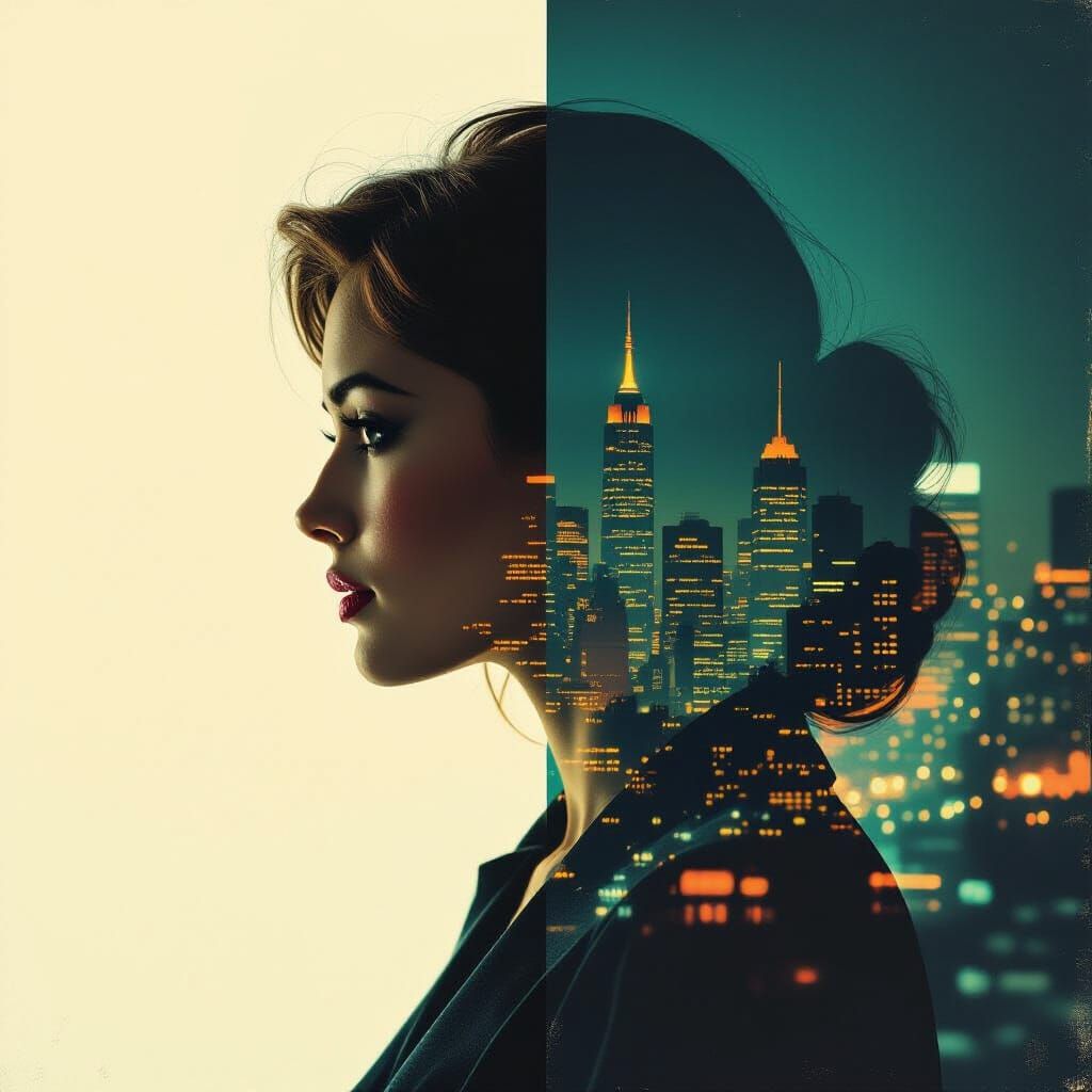 Double Exposure Film Cover: Woman Over Cityscape