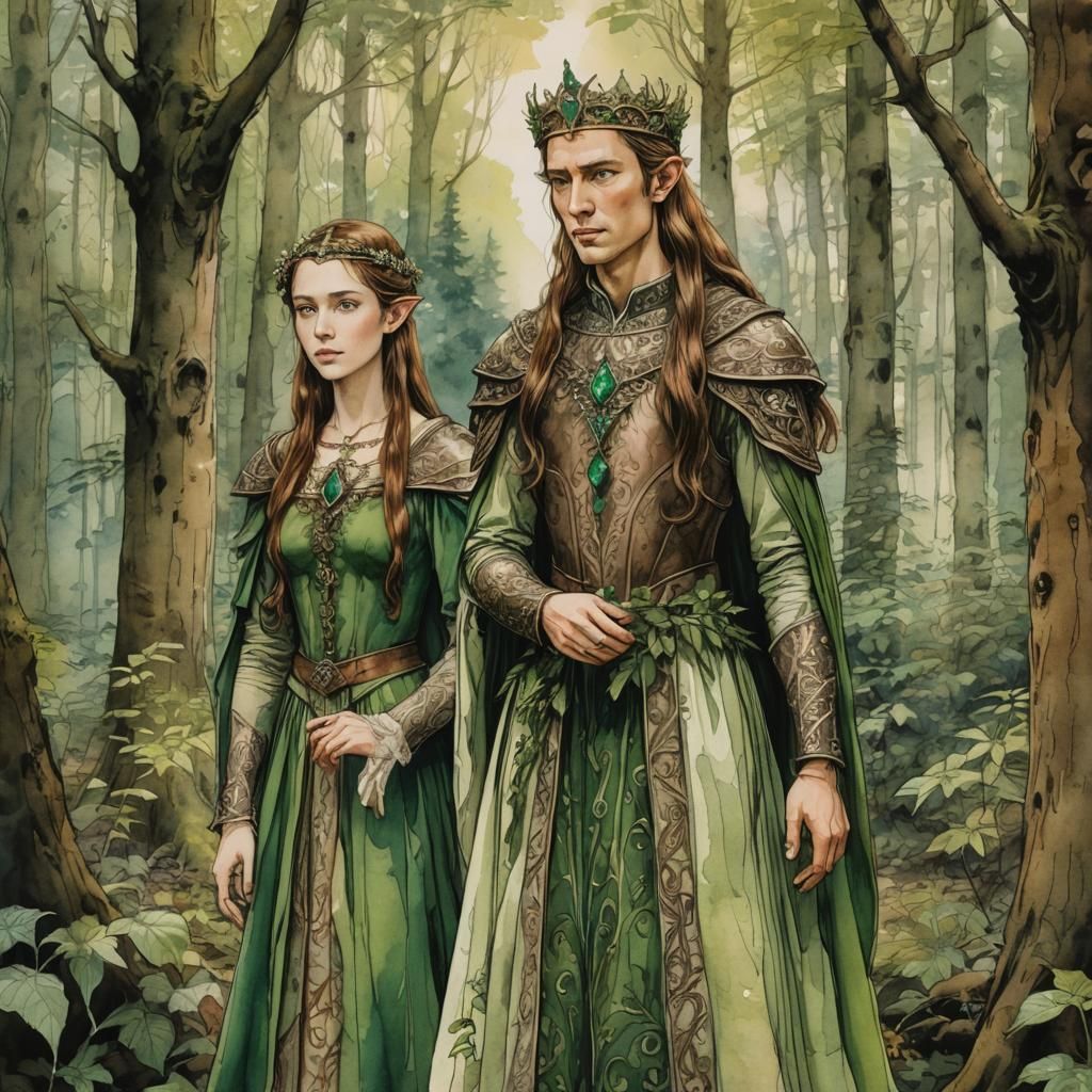 Elven Princess in Forest, Ink and Watercolor