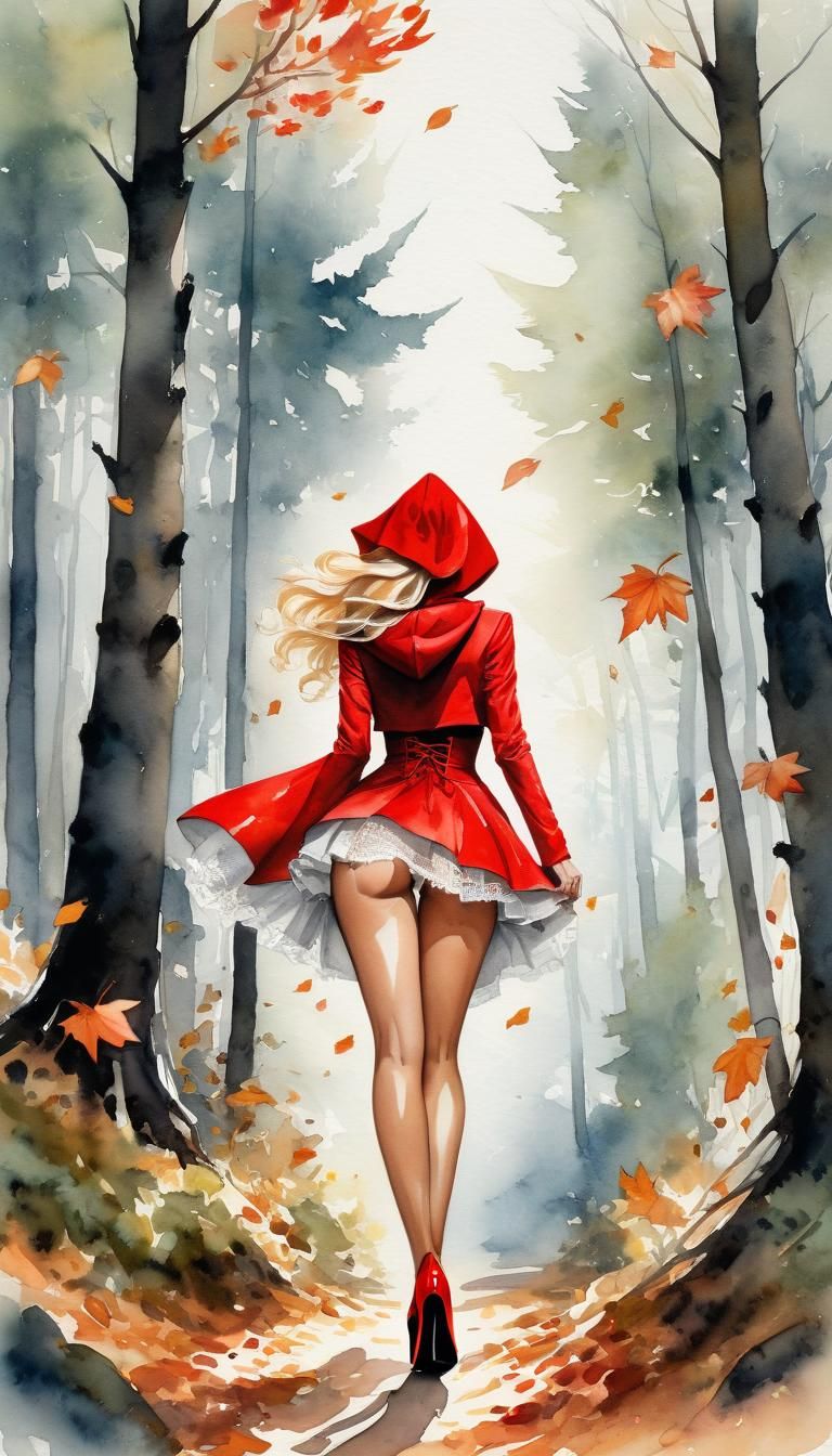 Red Riding Hood in Windy Autumn Woodland