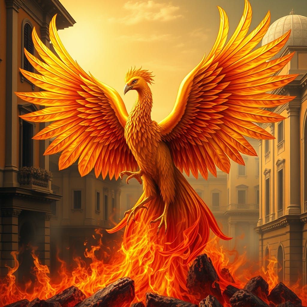 Golden Pheonix Rises from Fiery Embers in Renaissance Style
