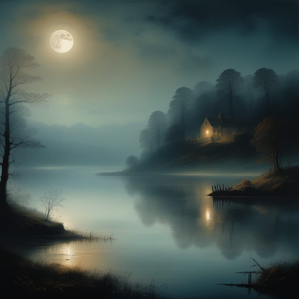 Misty Moonlit Lake Landscape in Romantic Style