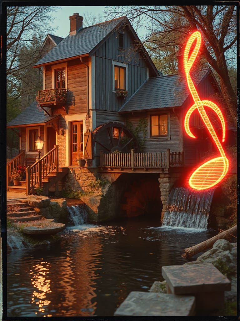 Enchanting Watermill with Dancing Musical Notes