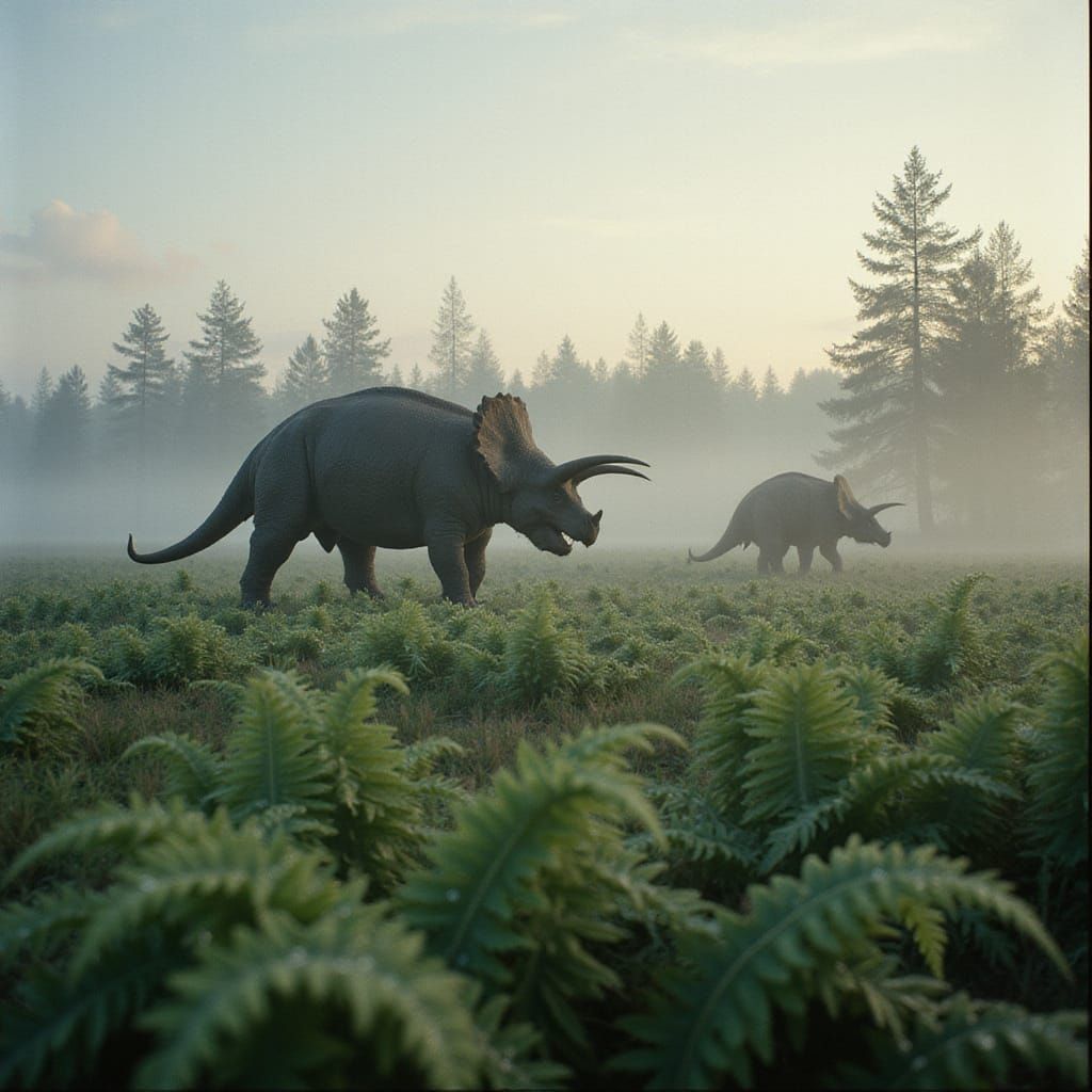 Triceratops Herd Roaming Misty Fern Prairie at Dawn