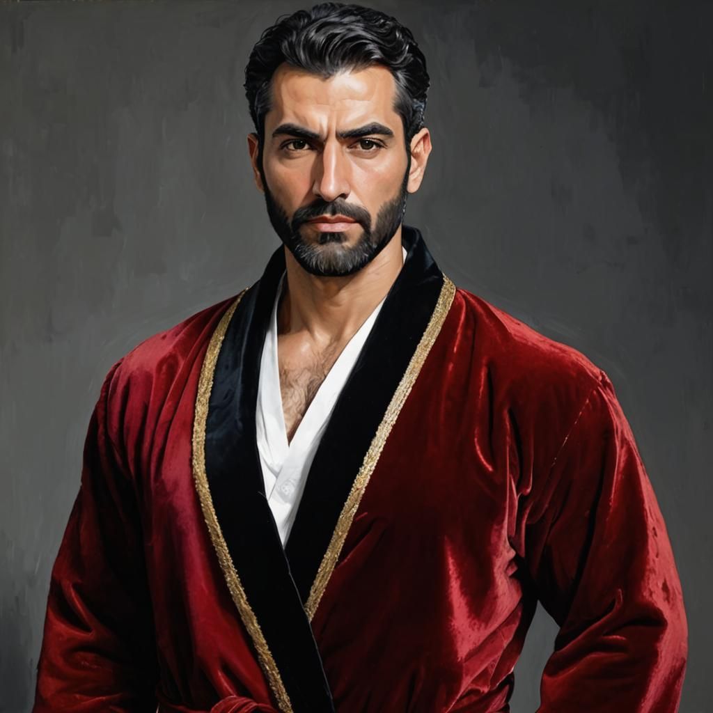 Iranian Man in Red Velvet Robe: Impasto Oil Painting