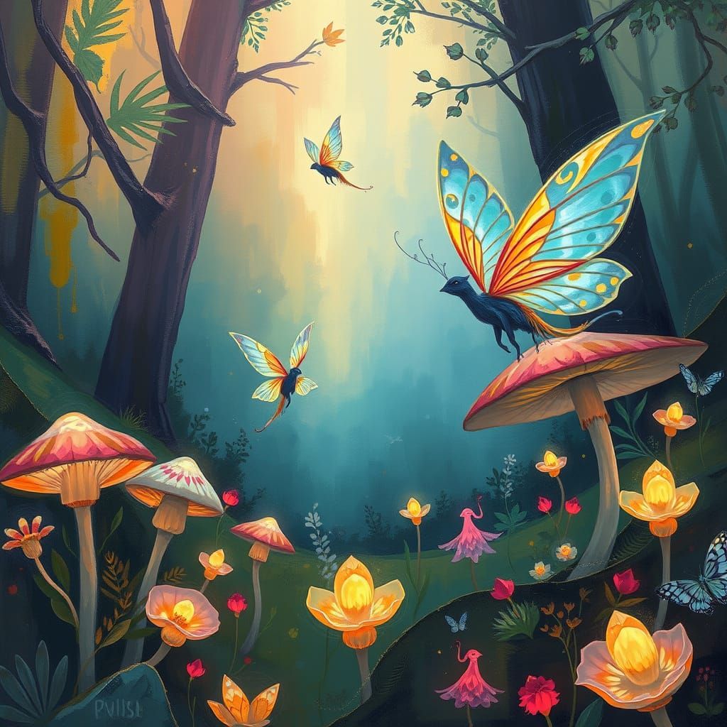 Vibrant Fantasy Landscape with Iridescent Creatures and Glow...
