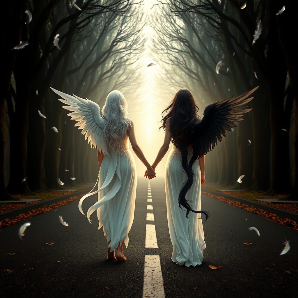 Hyperrealistic Angels in Mystical Forest, Exuding Melancholi...
