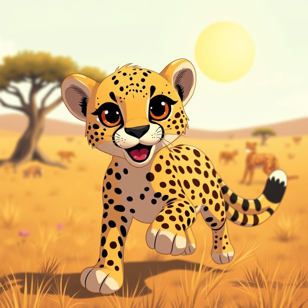 Cute Cheetah Running in Sunny Savannah, Whimsical Style