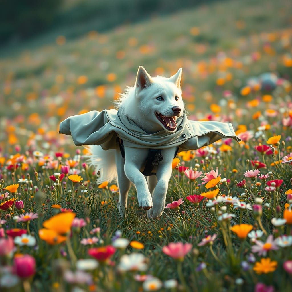 Husky in Wildflowers with Atmospheric Lighting