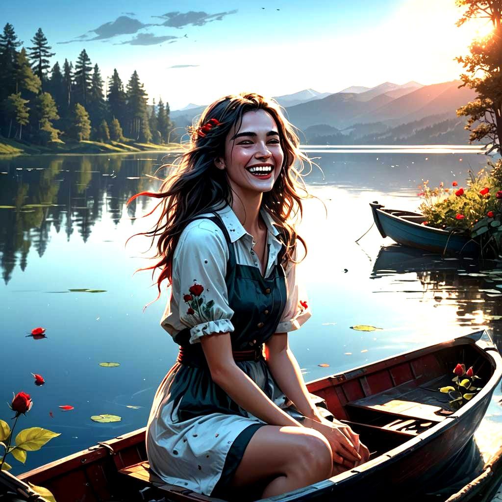 Monochrome Pixel Art Girl in Boat on Lake