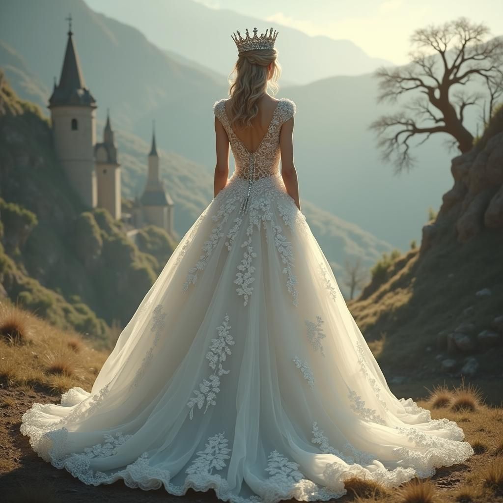 Princess Bride with Diamond Crown in Fantasy Landscape