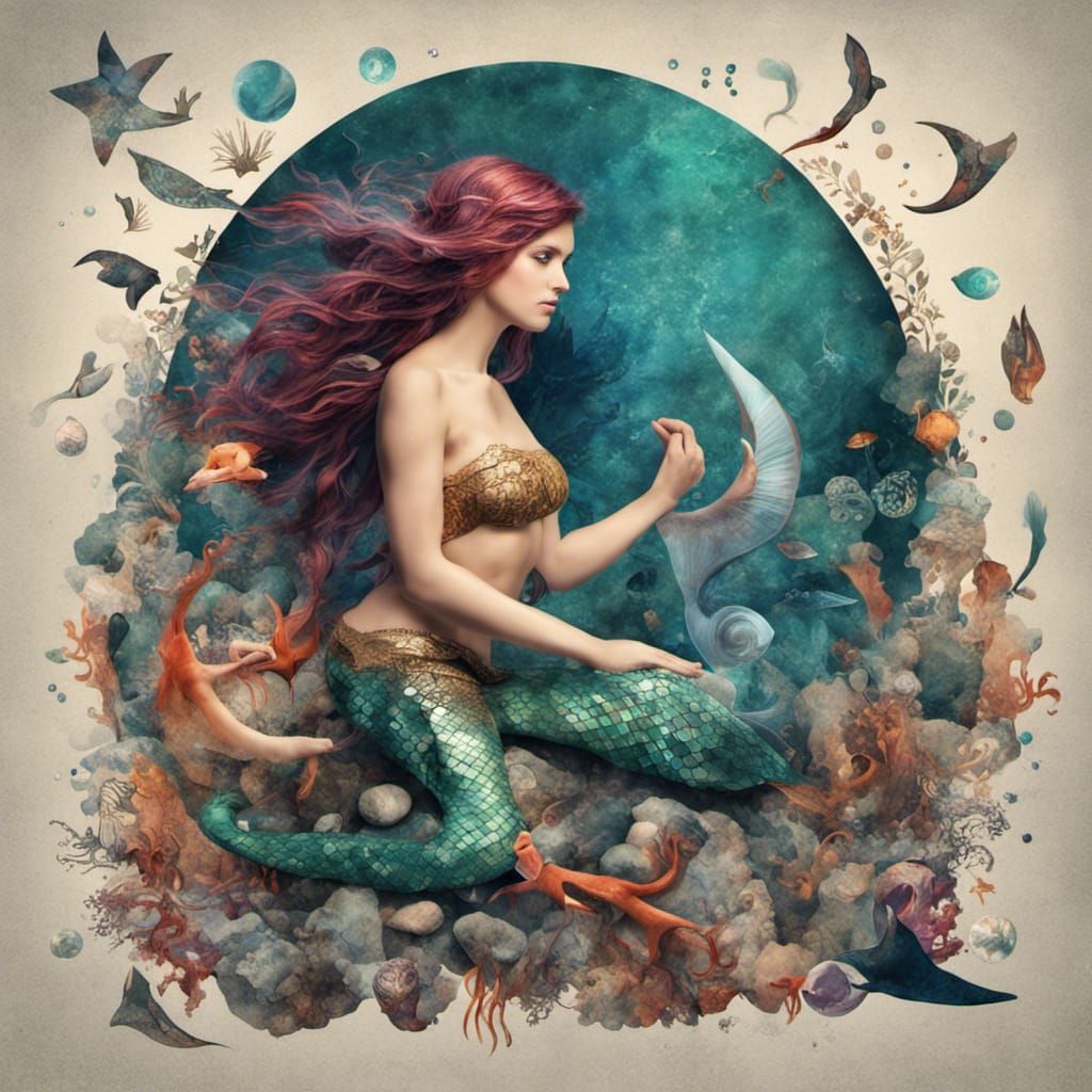 Design a mosaic-style collage featuring various mermaid poses and scenes, bringing together different aspects of their m...