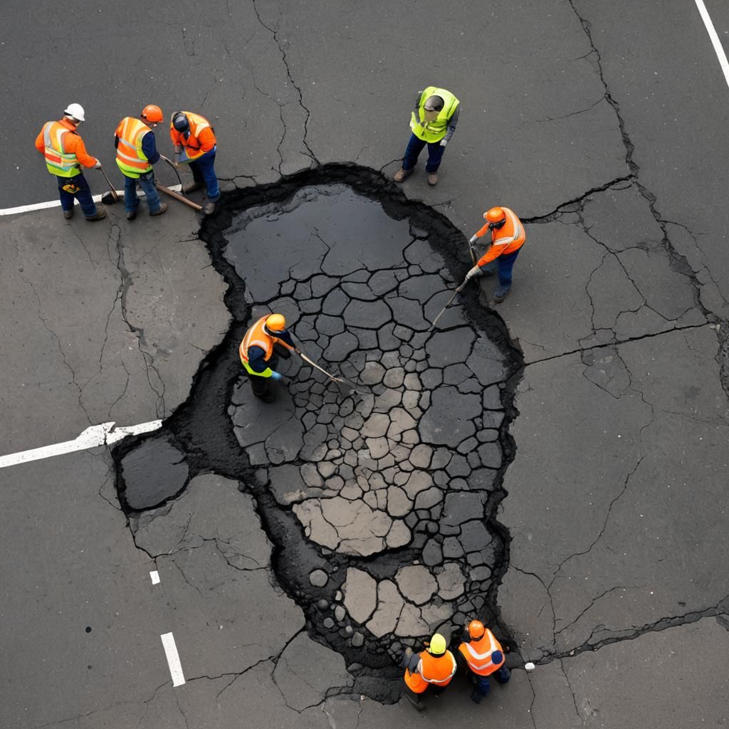 Road Workers Repairing Potholes on Street
