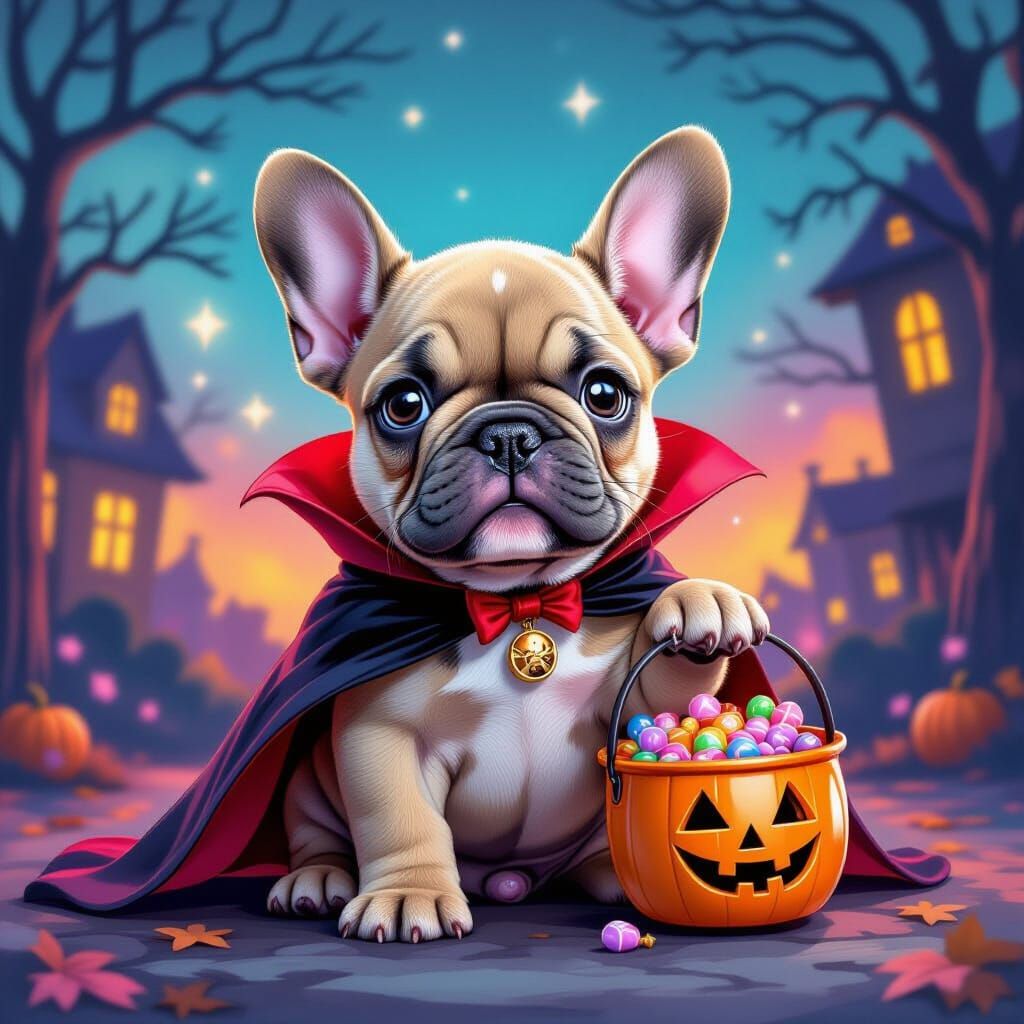 Cute French Bulldog Puppy in Dracula Cape for Halloween