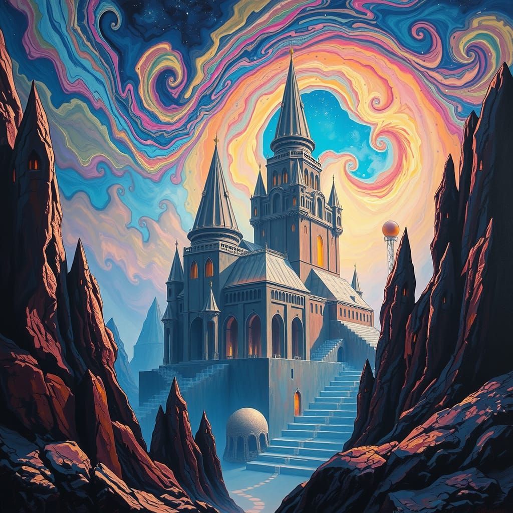 Surreal Non-Euclidean Palace in Auroracore Hues