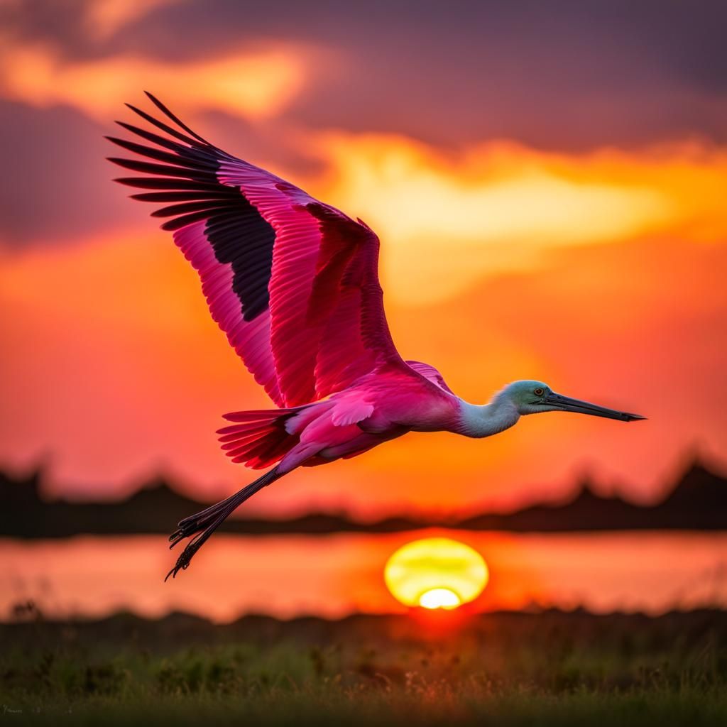 Roseatte Spoonbill in Flight at Sunset