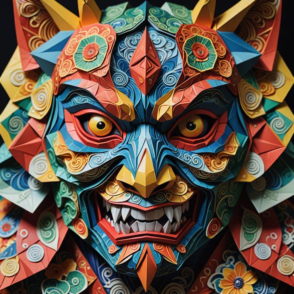 Origami Yokai Mask with Intricate Folds