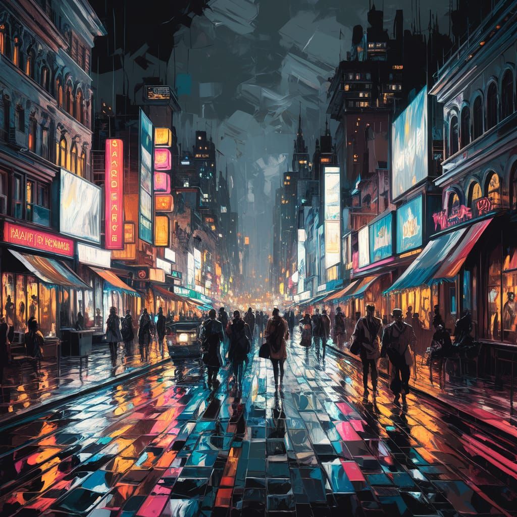 Night Cityscape Reflecting Neon Lights, Impressionist Style