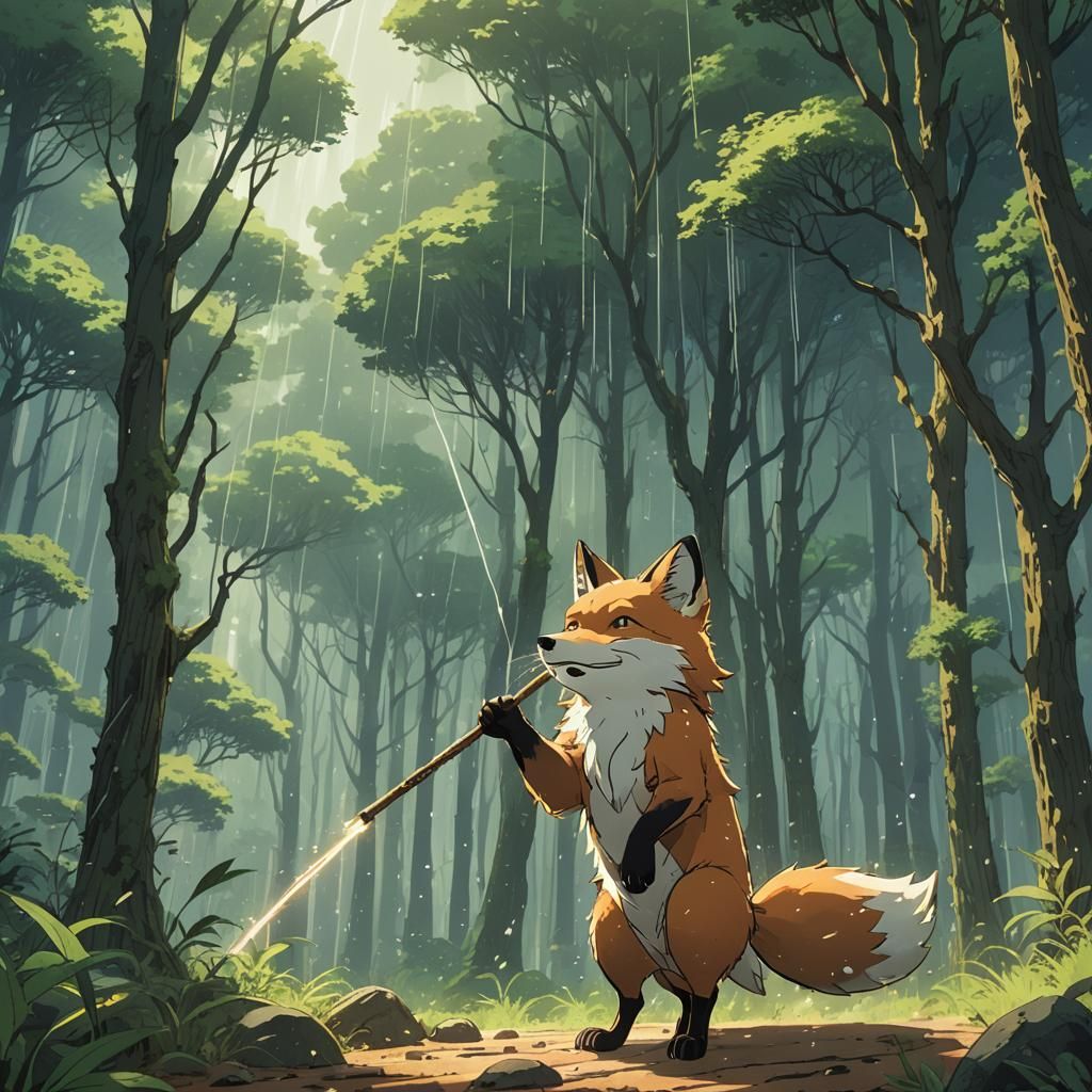Mystic Fox Conjures Rain: Ghibli Anime Style