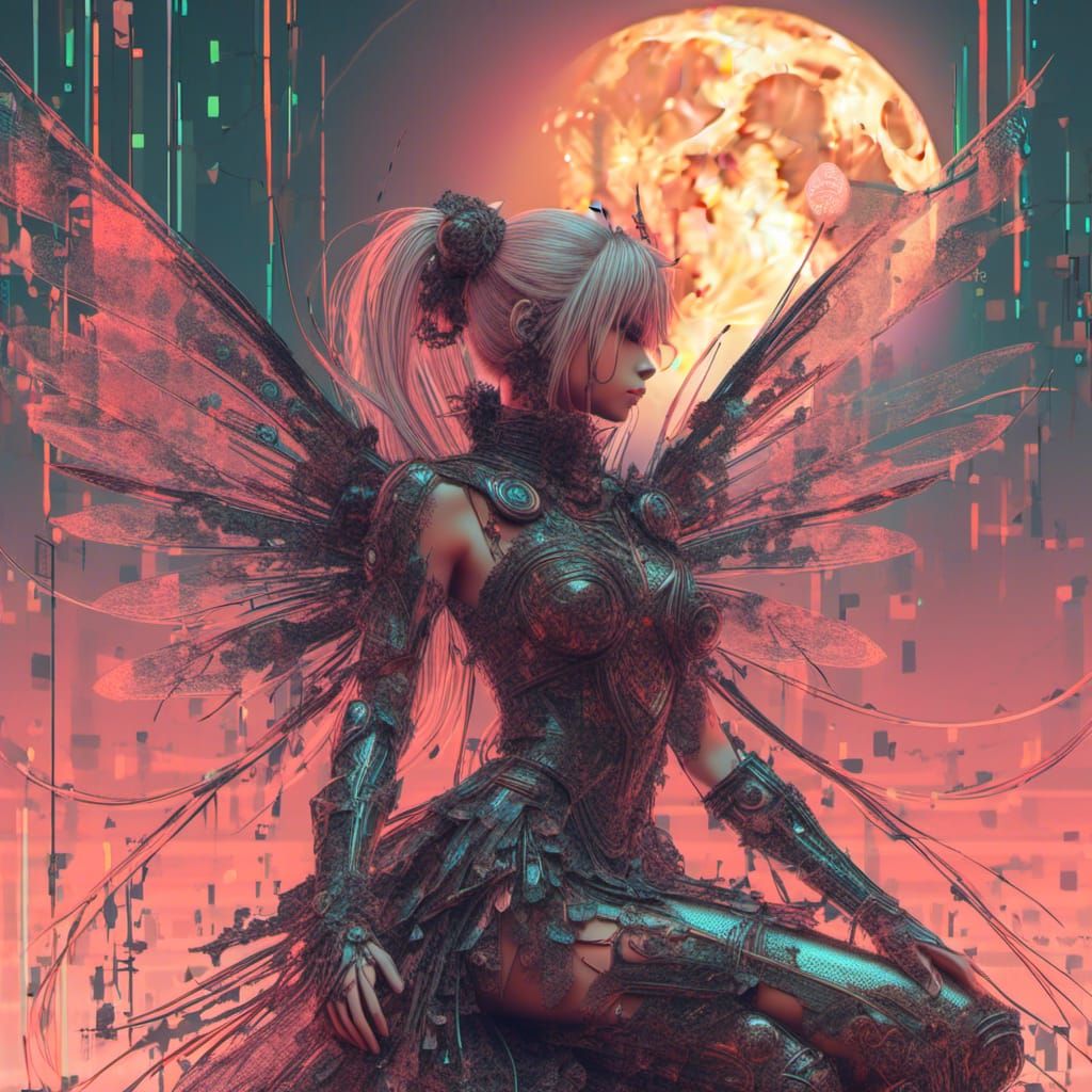 Cyber Grunge Fairy in Sienna Against Full Moon